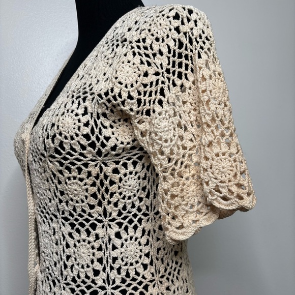 Vintage F.A.I. Crochet Cardigan Women’s L 100% Cotton Open Knit Boho Cream - Picture 6 of 16